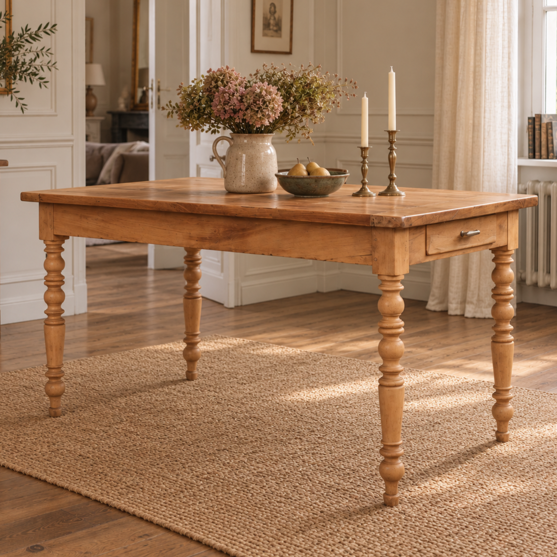 Table de ferme ancienne en bois – pieds tournés, tiroir et rallonge d’appoint - VENDU