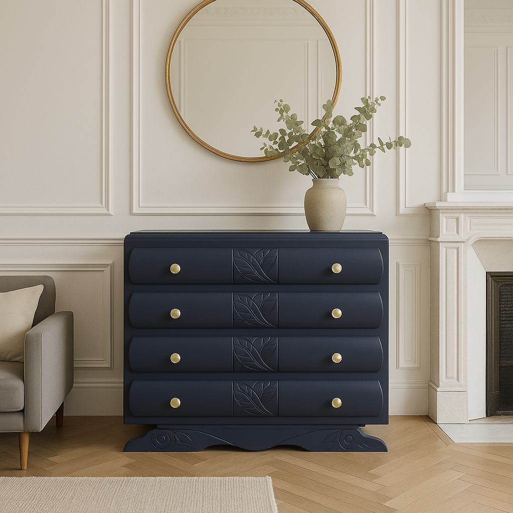 Commode Art Déco rénovée – Bleu nuit & motifs feuillages sculptés – VENDU