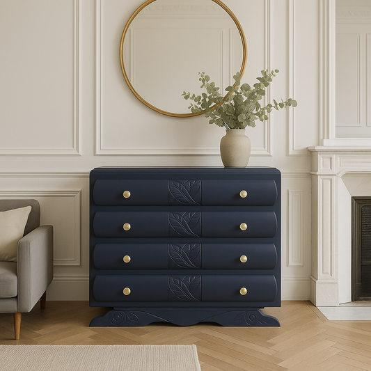Commode Art Déco rénovée – Bleu nuit & motifs feuillages sculptés – VENDU