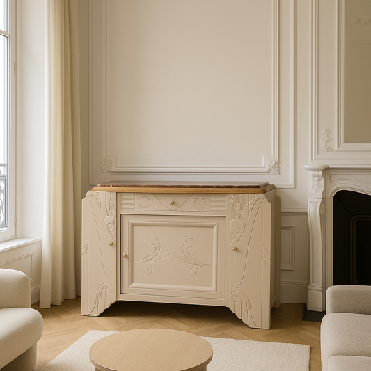 Buffet Art Déco restauré – Beige Quai de Seine Libéron & plateau marbre rouge – VENDU