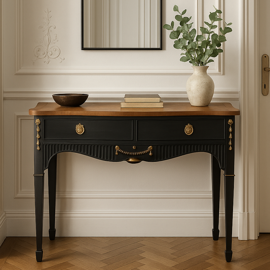 Console ancienne rénovée – Noir velours, dorures à la main & plateau bois – VENDU