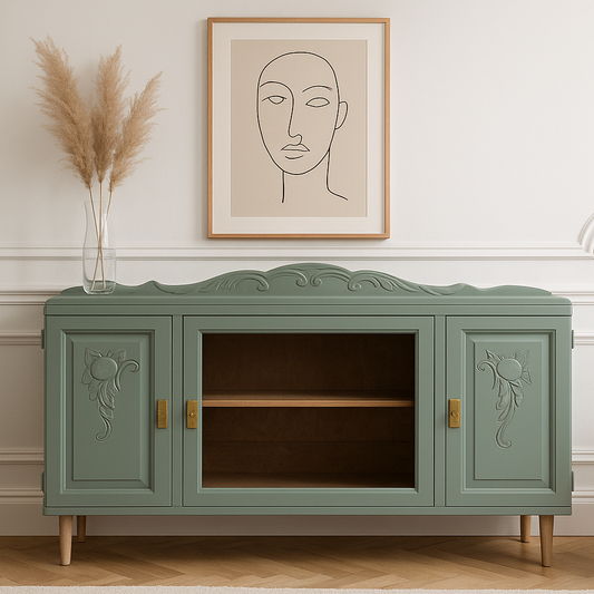 Buffet ancien rénové – Kaki 4Murs, pieds coniques & motifs sculptés – VENDU
