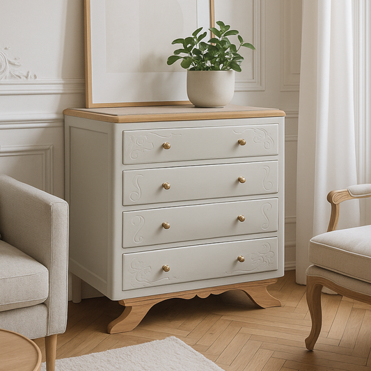Commode ancienne rénovée – Bouleau Pure & Paint & plateau marbre beige – VENDU