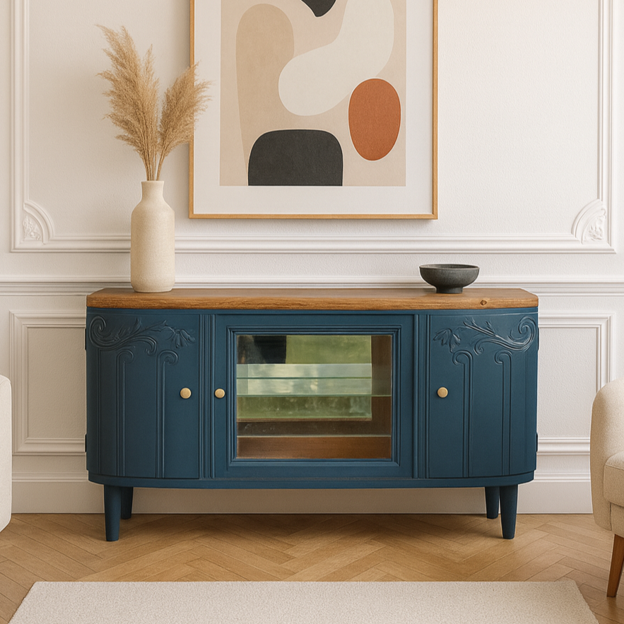 Buffet Art Déco rénové – Bleu des Vosges Libéron, porte vitrée & plateau bois – VENDU