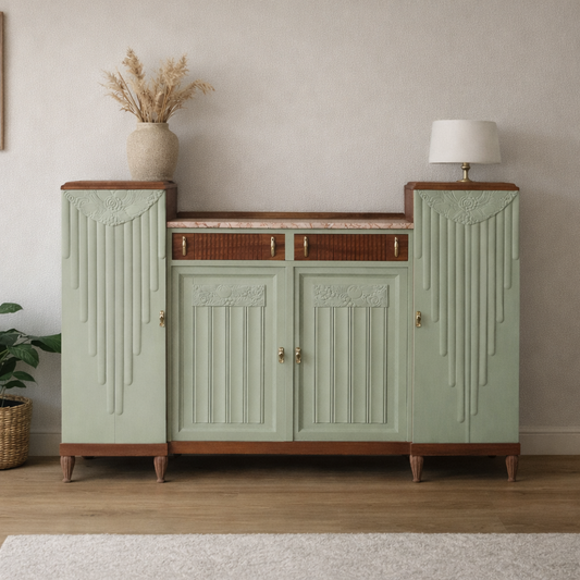 Buffet Art Déco à colonnes rénové – Vert Lézard Pure & Paint & plateau marbre rose – VENDU