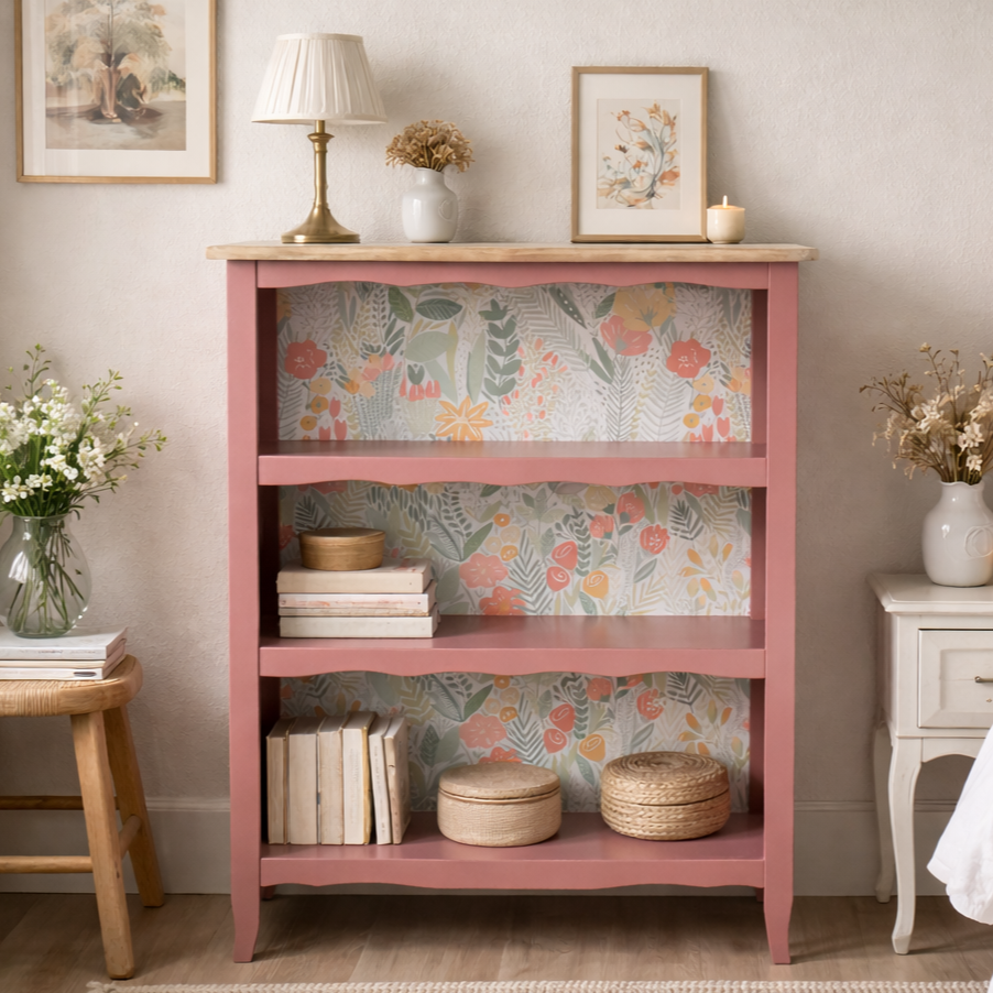 Bibus ancien rénové – Rose poudré, plateau bois naturel & fond papier peint floral – VENDU