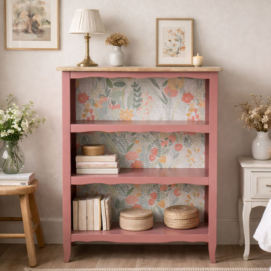 Bibus ancien rénové – Rose poudré, plateau bois naturel & fond papier peint floral – VENDU