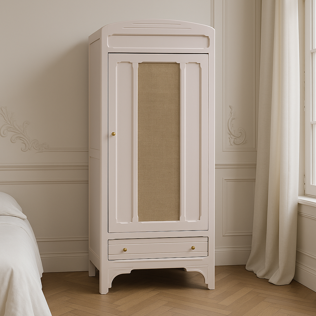 Armoire ancienne rénovée – Rose Pamoisson Libéron & panneau toile de jute – VENDU