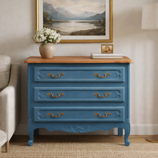 Commode ancienne rénovée – Bleu Batik V33 Easy Rénov & plateau bois naturel – VENDU
