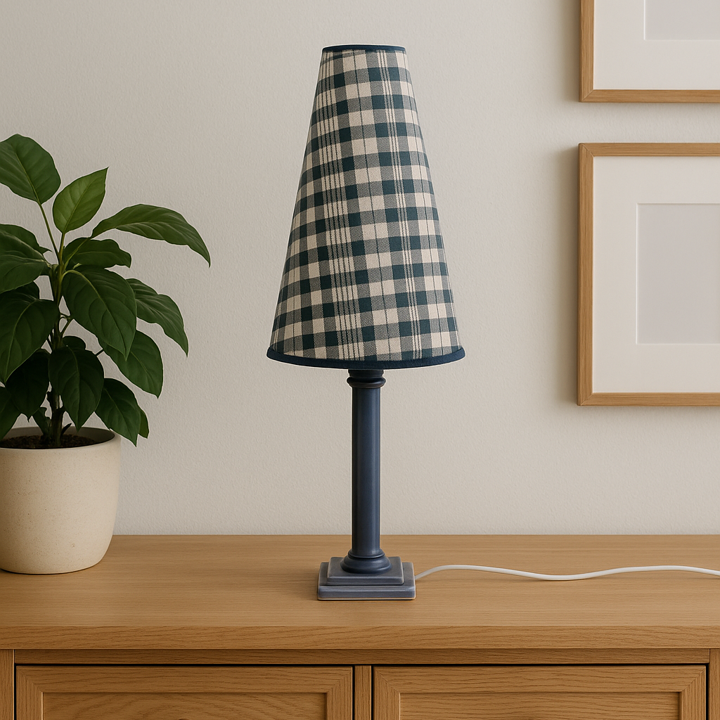 Lampe de table – Pied céramique bleu & abat-jour tartan