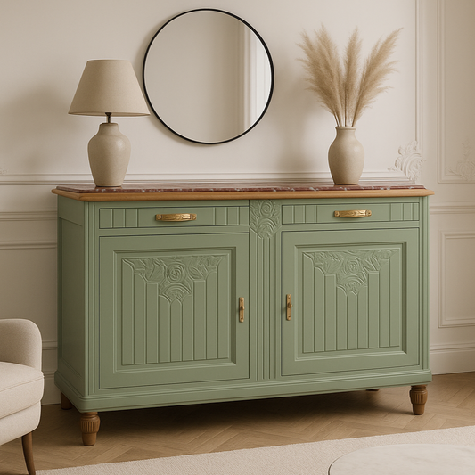 Buffet Art Déco rénové – Vert Lézard Pure & Paint & plateau marbre rouge veiné – VENDU