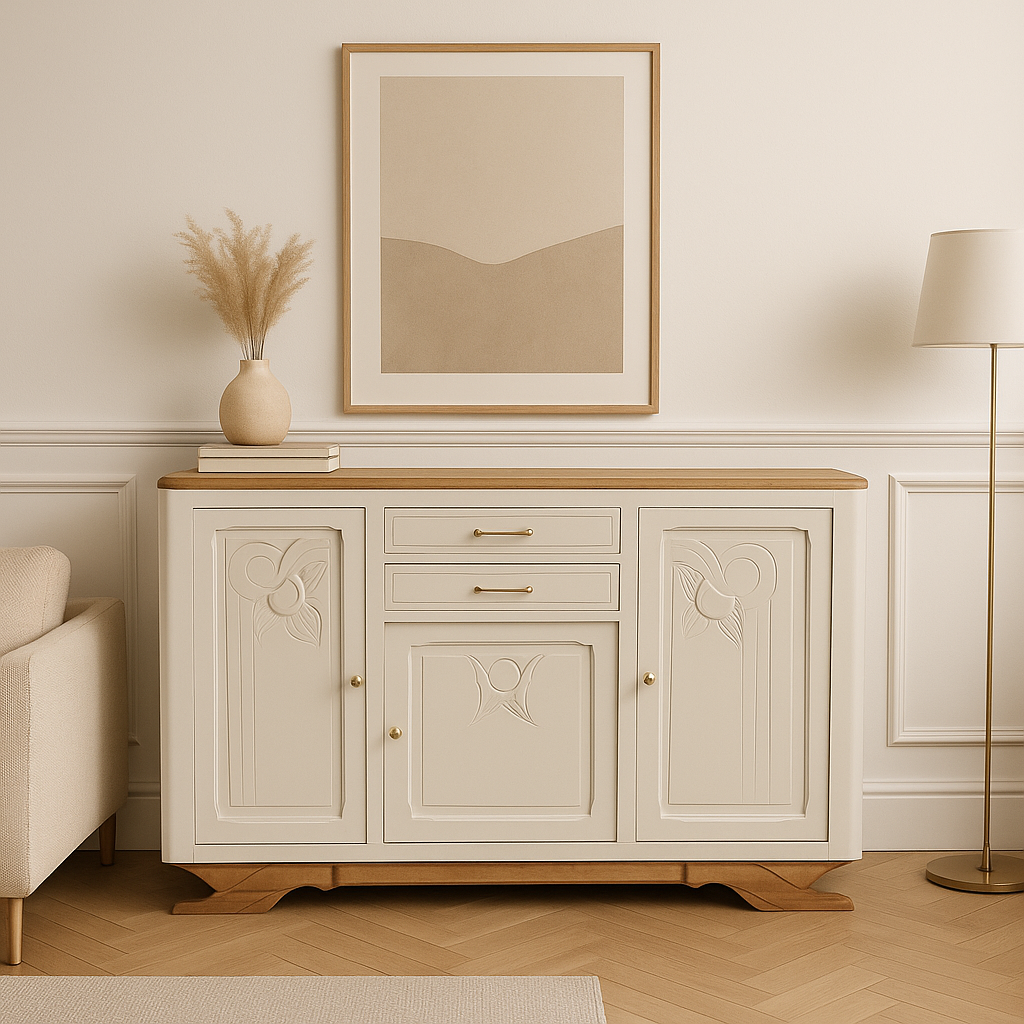 Buffet Art Déco restauré – Camomille Libéron, plateau bois naturel & laiton brossé – VENDU