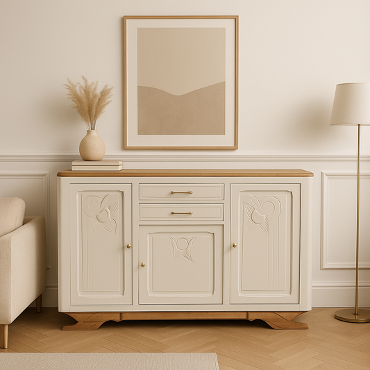 Buffet Art Déco restauré – Camomille Libéron, plateau bois naturel & laiton brossé – VENDU