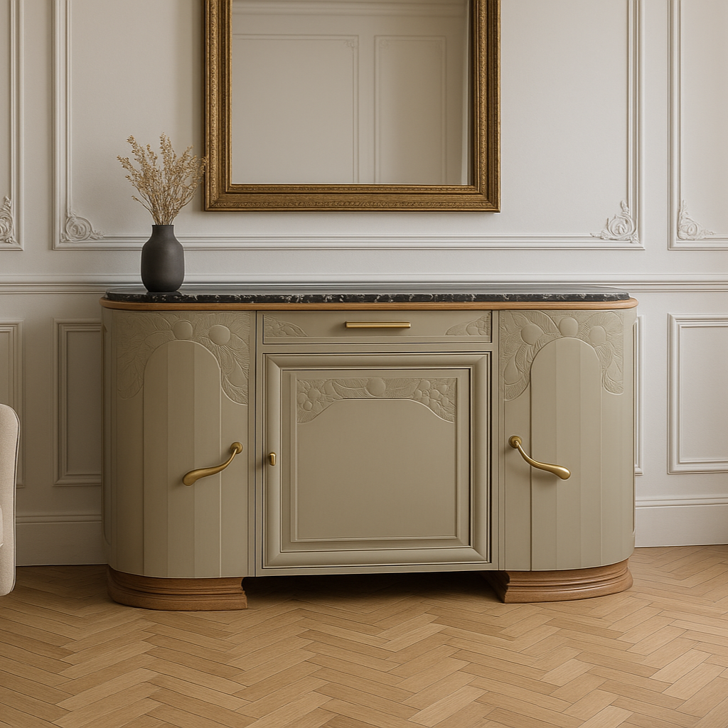 Buffet Art Déco rénové – Beige, flancs arrondis & plateau marbre noir – VENDU