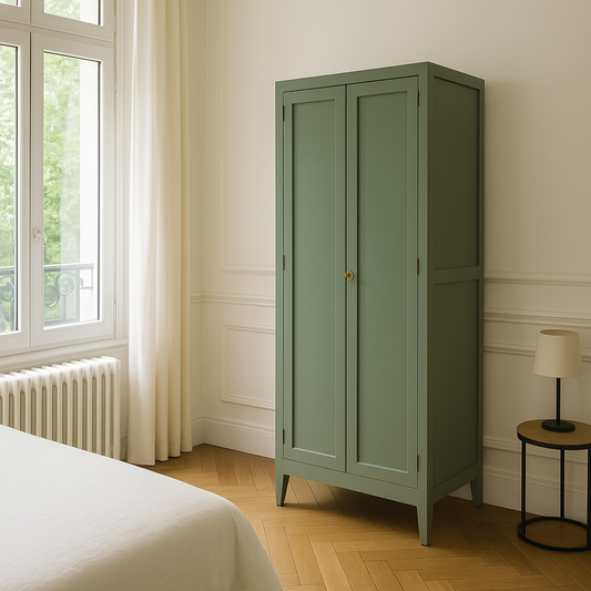 Armoire ancienne rénovée – Vert Treillis Libéron & intérieur végétal – VENDU