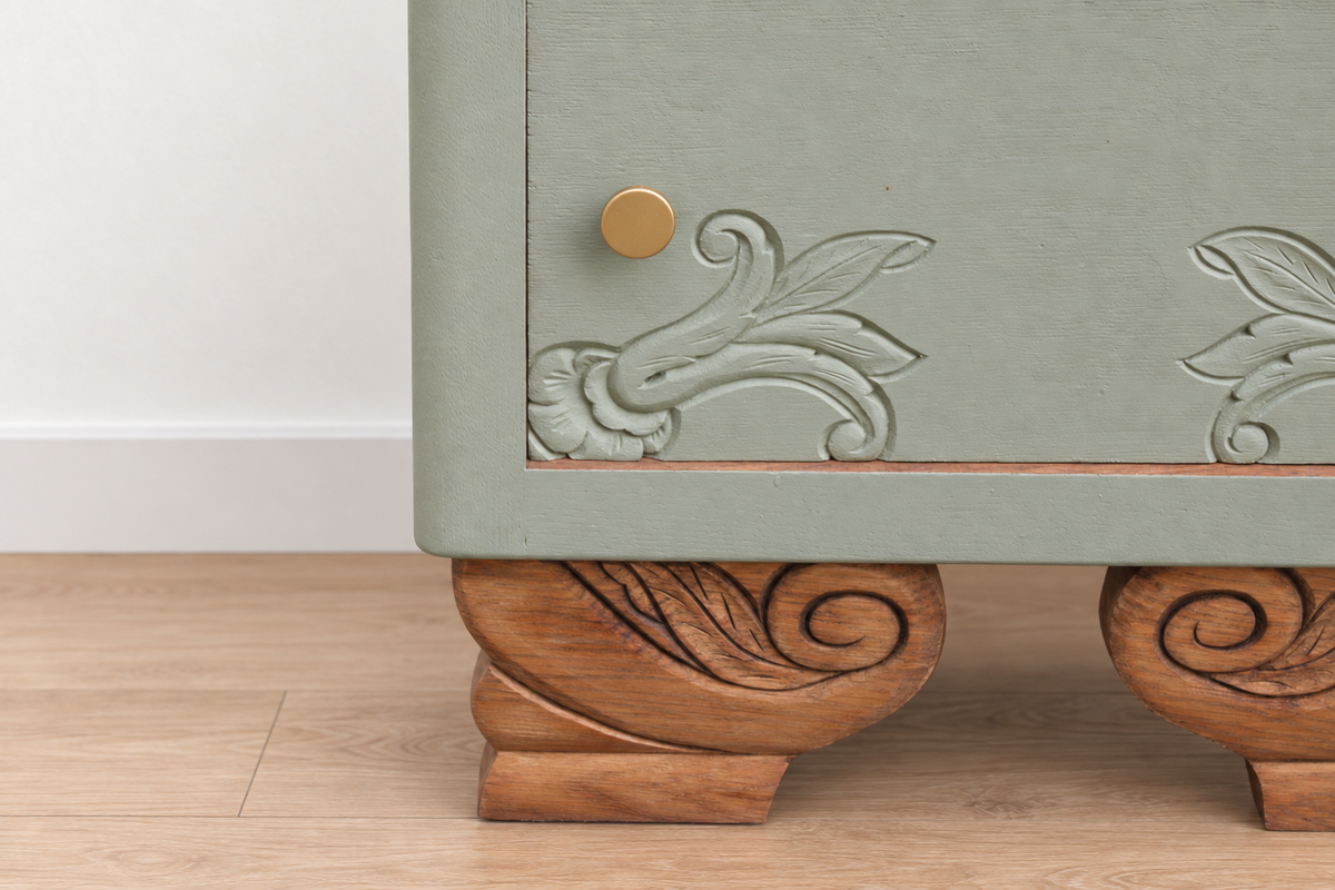 Chevet art déco ancien rénové – Vert Lézard Pure & Paint, bois naturel et plateau marbre