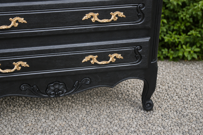 Commode style Louis XV noire et plateau bois naturel – 3 tiroirs