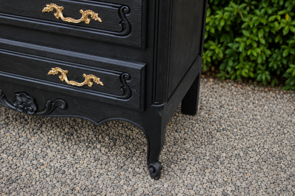 Commode style Louis XV noire et plateau bois naturel – 3 tiroirs