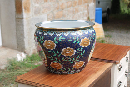 Grand cache-pot chinois en porcelaine polychrome – fleurs et oiseaux – Ø33 cm