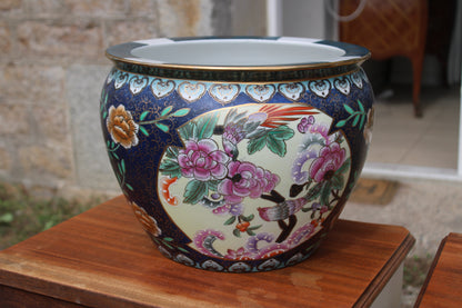 Grand cache-pot chinois en porcelaine polychrome – fleurs et oiseaux – Ø33 cm