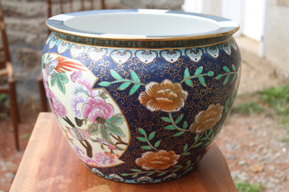 Grand cache-pot chinois en porcelaine polychrome – fleurs et oiseaux – Ø33 cm