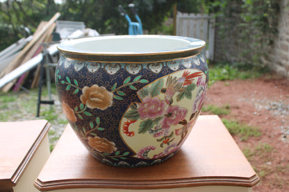 Grand cache-pot chinois en porcelaine polychrome – fleurs et oiseaux – Ø33 cm