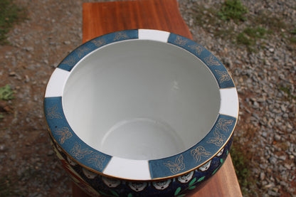 Grand cache-pot chinois en porcelaine polychrome – fleurs et oiseaux – Ø33 cm