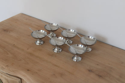 Service vintage de 6 coupes à dessert en métal argenté avec cuillères – coupes à glace sur pied