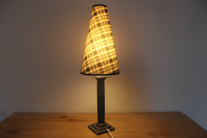 Lampe à poser vintage en céramique gris bleuté – Abat-jour conique tartan écossais – Années 70/80