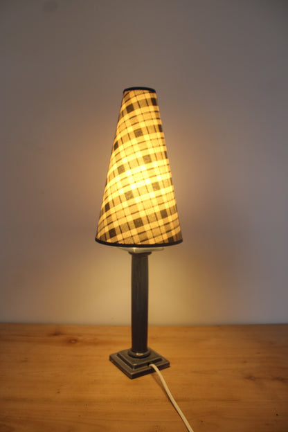 Lampe à poser vintage en céramique gris bleuté – Abat-jour conique tartan écossais – Années 70/80