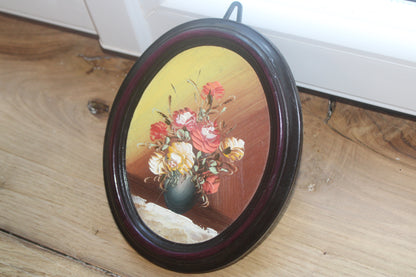 Petit tableau ovale vintage – Bouquet de fleurs peint en relief – Cadre bordeaux rétro