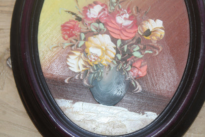 Petit tableau ovale vintage – Bouquet de fleurs peint en relief – Cadre bordeaux rétro