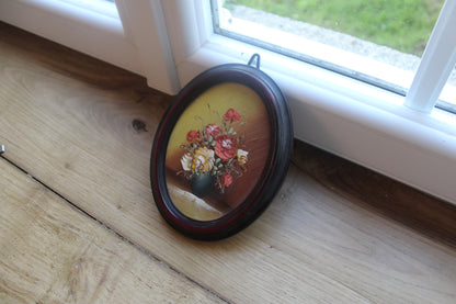 Petit tableau ovale vintage – Bouquet de fleurs peint en relief – Cadre bordeaux rétro