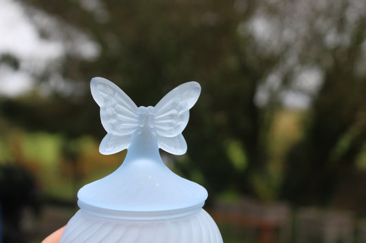 Ensemble de flacons vintage en verre dépoli bleu – Papillons – Avec plateau assorti