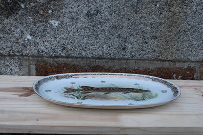 Grand plat en porcelaine française L.C – Brochet peint & frise dorée