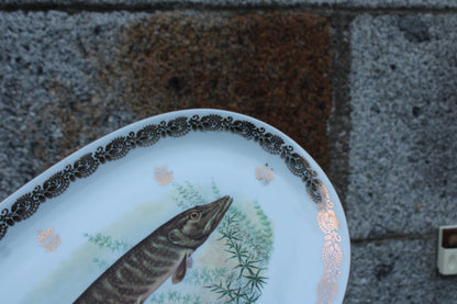 Grand plat en porcelaine française L.C – Brochet peint & frise dorée