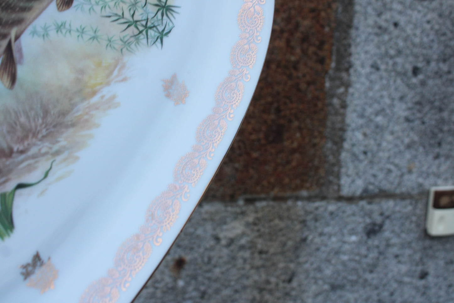 Grand plat en porcelaine française L.C – Brochet peint & frise dorée