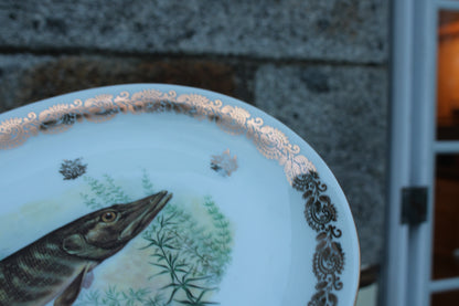 Grand plat en porcelaine française L.C – Brochet peint & frise dorée