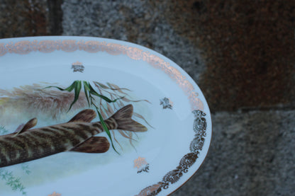 Grand plat en porcelaine française L.C – Brochet peint & frise dorée