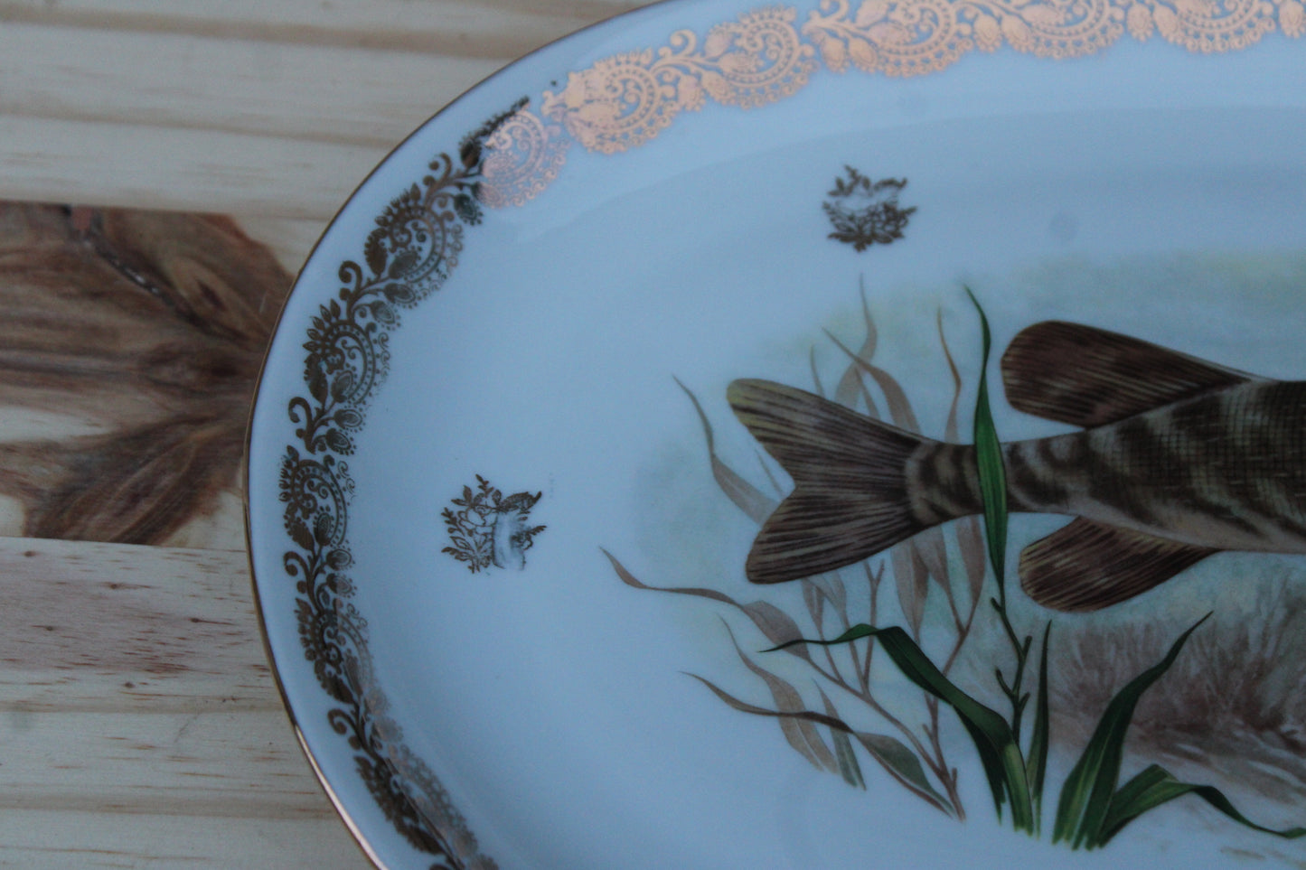 Grand plat en porcelaine française L.C – Brochet peint & frise dorée