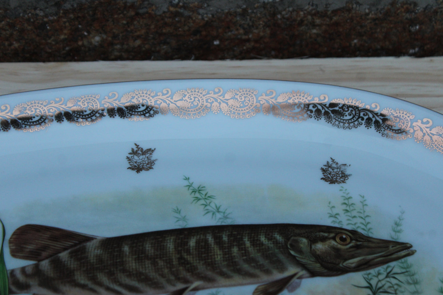 Grand plat en porcelaine française L.C – Brochet peint & frise dorée