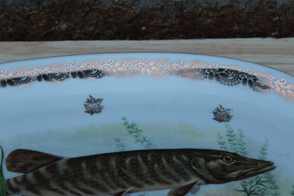 Grand plat en porcelaine française L.C – Brochet peint & frise dorée