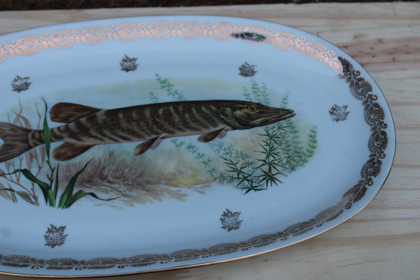 Grand plat en porcelaine française L.C – Brochet peint & frise dorée