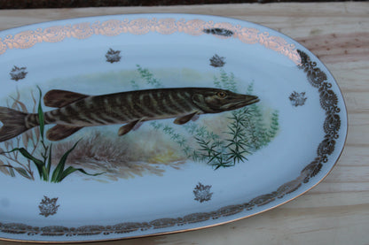 Grand plat en porcelaine française L.C – Brochet peint & frise dorée