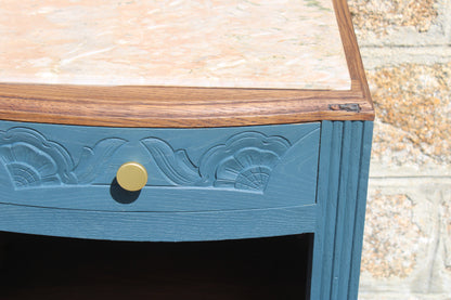 Chevet Art Déco rénové – Bleu des Vosges & plateau marbre - VENDU
