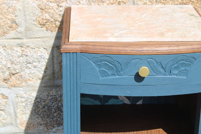 Chevet Art Déco rénové – Bleu des Vosges & plateau marbre - VENDU