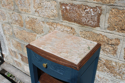 Chevet Art Déco rénové – Bleu des Vosges & plateau marbre - VENDU