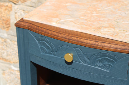 Chevet Art Déco rénové – Bleu des Vosges & plateau marbre - VENDU