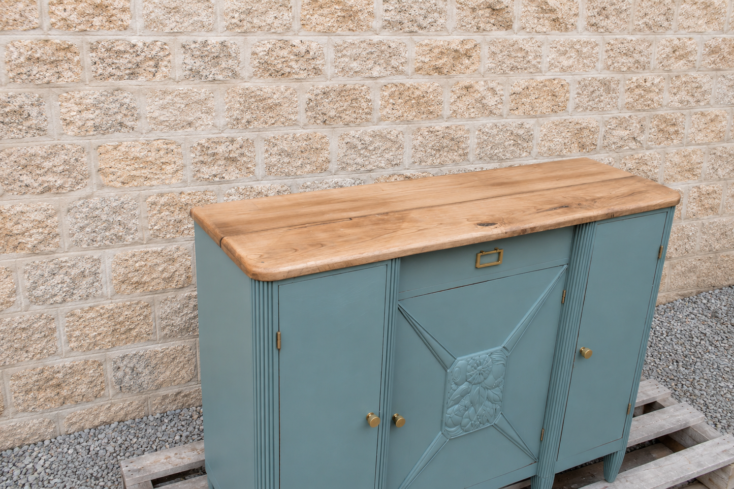 Buffet style Art Déco rénové kaki & chêne massif - VENDU