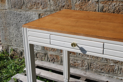 Petit bureau esprit Art Déco console Art Déco rénovée – blanc beige “Troublant” & plateau bois - VENDU